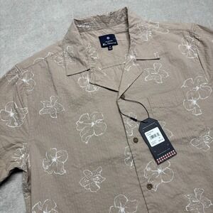 New Ben Sherman Camp Shirt Twine Floral Button Up Tan White Textured $99 MSRP‎